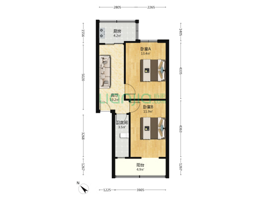 鼓楼北二街36号 2室1厅1卫 55平方