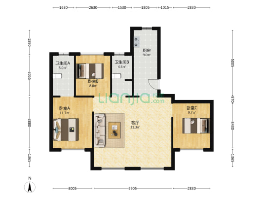 天成溪树庭院 3室1厅2卫 115平方