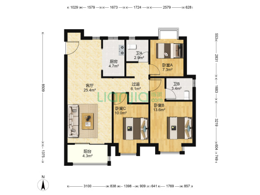 禹洲平湖秋月 3室1厅2卫 110平方
