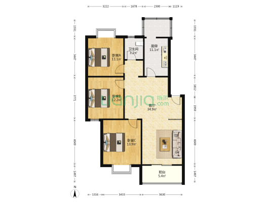 青杨苑 3室1厅1卫 107平方
