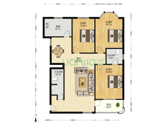 华馨园 3室1厅2卫 150平方
