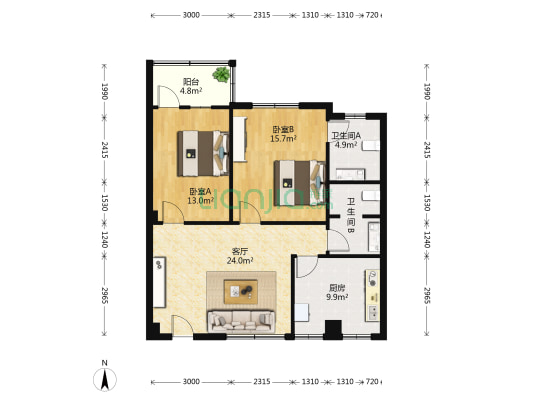 南海大厦 2室1厅2卫 87平方