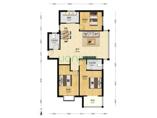 美好时光 3室1厅2卫 131平方