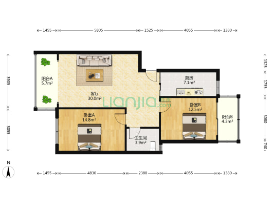 大龙家园 2室1厅1卫 91平方