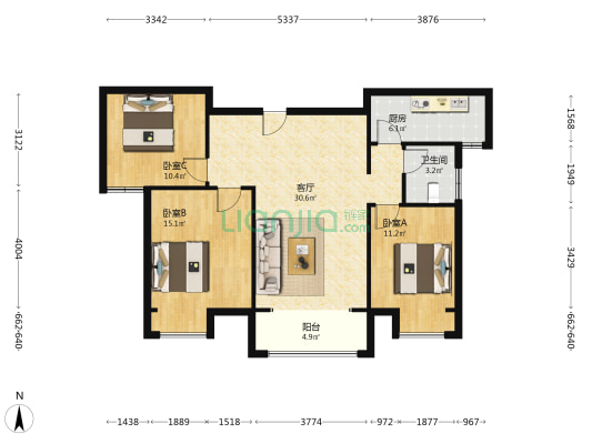 荟萃园 3室1厅1卫 112平方