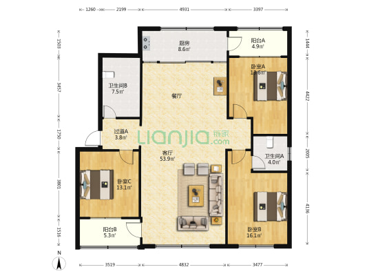 法院小区 3室1厅2卫 162平方