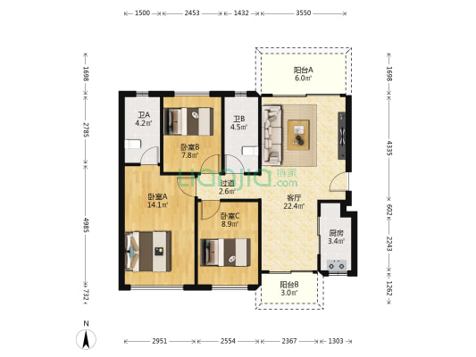 恒福水岸南苑 3室1厅2卫 93平方