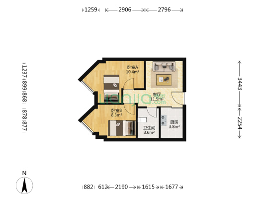 时代金茂 2室1厅1卫 52平方