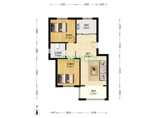 凤凰社区 2室1厅1卫 75平方