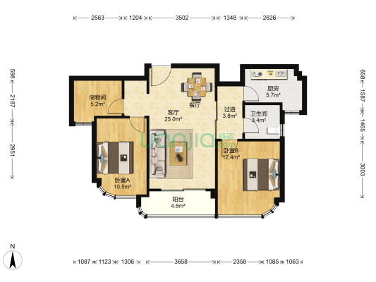 湖景花园 2室1厅1卫 88平方