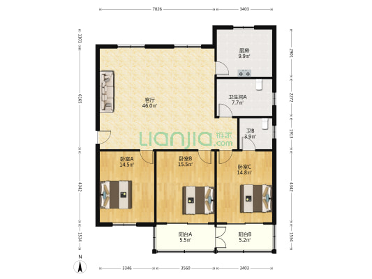 桃园新村 3室1厅2卫 138平方