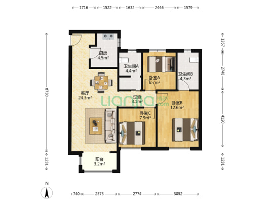美的旭辉翰悦府 3室1厅2卫 110平方