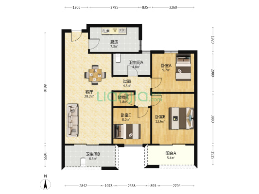 罗西住宅区六组团 3室1厅2卫 111平方