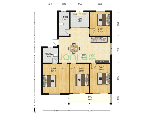 菜场综合楼 4室1厅2卫 133平方