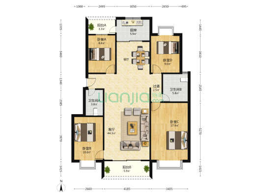 广福小区 · 东区 4室1厅2卫 141平方