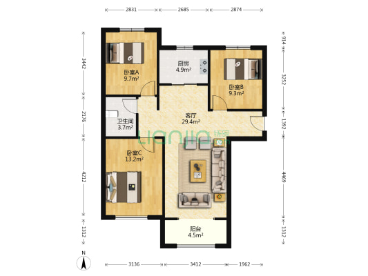 K2狮子城北区 3室1厅1卫 95平方