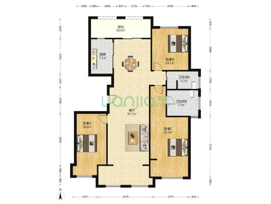 绿城两江御园丹桂园 3室1厅2卫 172平方