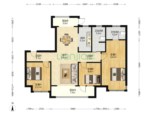 坤园 3室1厅2卫 131平方