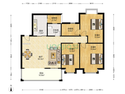 美树阳光 3室1厅1卫 134平方