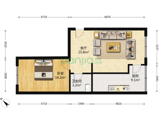 海德堡家园 1室1厅1卫 65平方