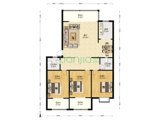 江南花园 3室2厅2卫 151平方