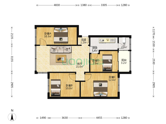 君子巷住宅 4室1厅1卫 80平方