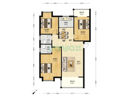 滨湖花园里 3室1厅2卫 117平方