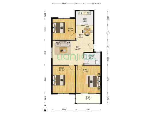 北漪园住宅小区西区 3室2厅1卫 113平方
