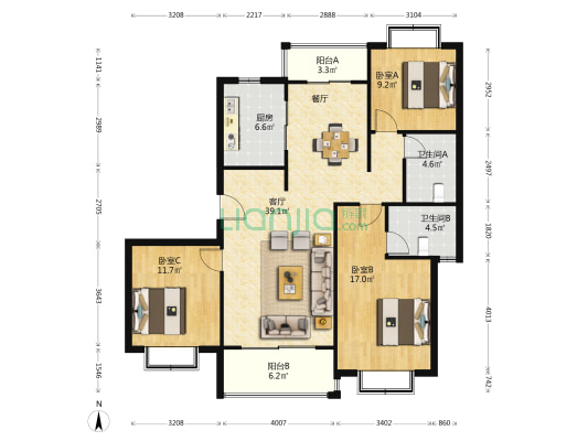 贝越河滨雅筑 3室1厅2卫 126平方