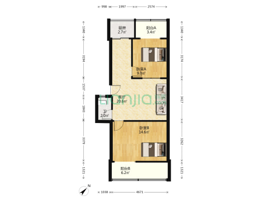 二环路北一段205号 2室1厅1卫 65平方