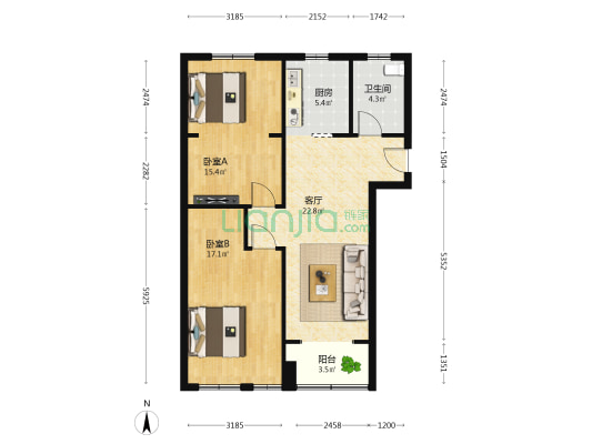 大都会 2室1厅1卫 90平方