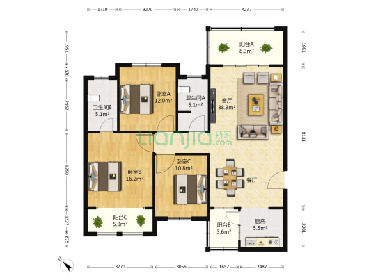 长房天翼未来城 3室1厅2卫 148平方