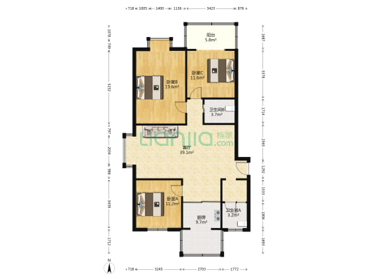 庆园 3室1厅2卫 121平方