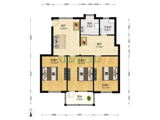 公园路81号 3室2厅1卫 95平方