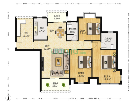 绿地公园首府 3室1厅2卫 135平方