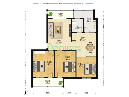 海南广播电视大学北校区宿舍 3室2厅1卫 96平方