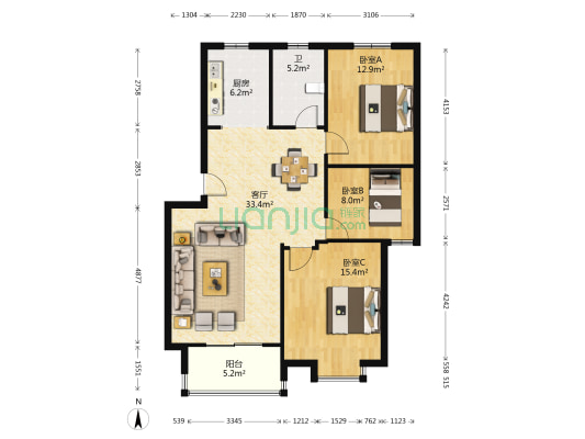 明华名港城一期 3室1厅1卫 101平方
