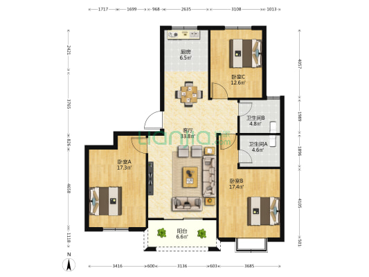 通港苑 3室1厅2卫 134平方