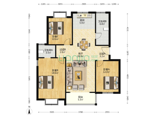 宏泰雅苑 3室1厅2卫 116平方