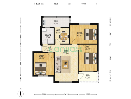 广场新苑 3室2厅1卫 88平方