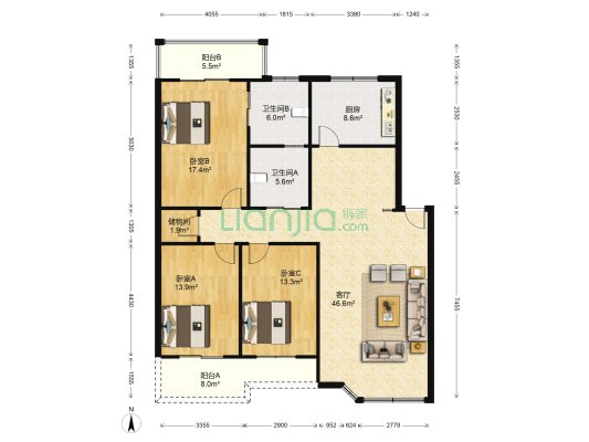 紫华苑 3室1厅2卫 136平方