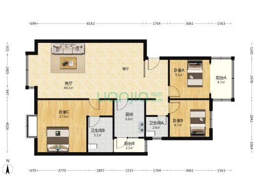 海华玉锦苑一公寓 3室1厅2卫 119平方