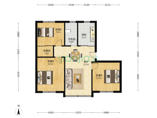 虹兴苑 3室1厅1卫 91平方