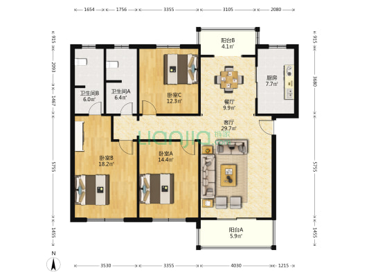 川沙公寓 3室2厅2卫 139平方