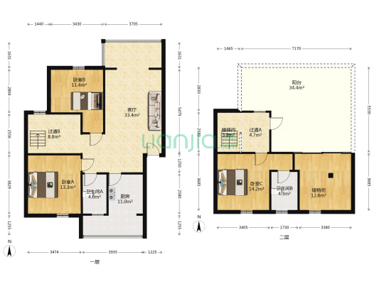 江南小区 3室1厅2卫 126平方