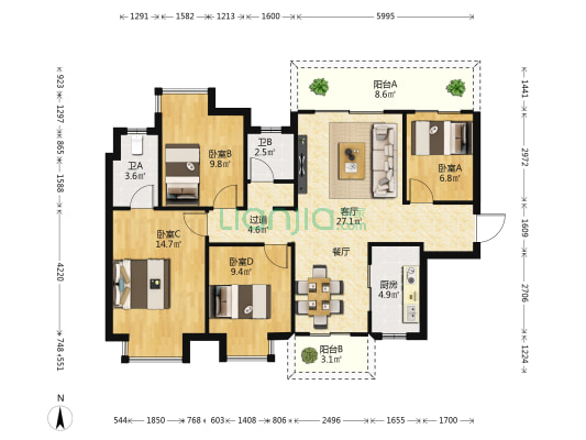 美的旭辉城 4室2厅2卫 108平方