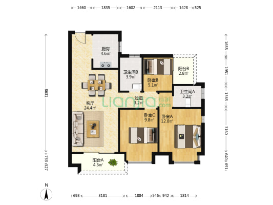 融创臻园一期 3室1厅2卫 96平方