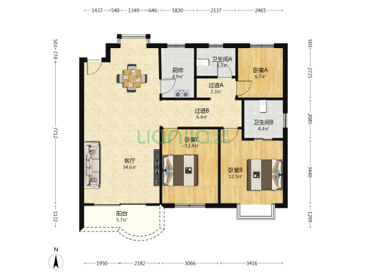 高岩支路16号58号100号 3室1厅2卫 109平方