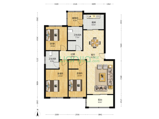 乐天小区一区 3室1厅2卫 120平方