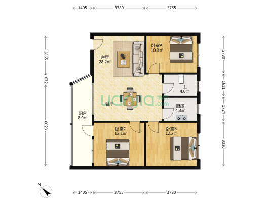 馨雅公寓 3室1厅1卫 90平方